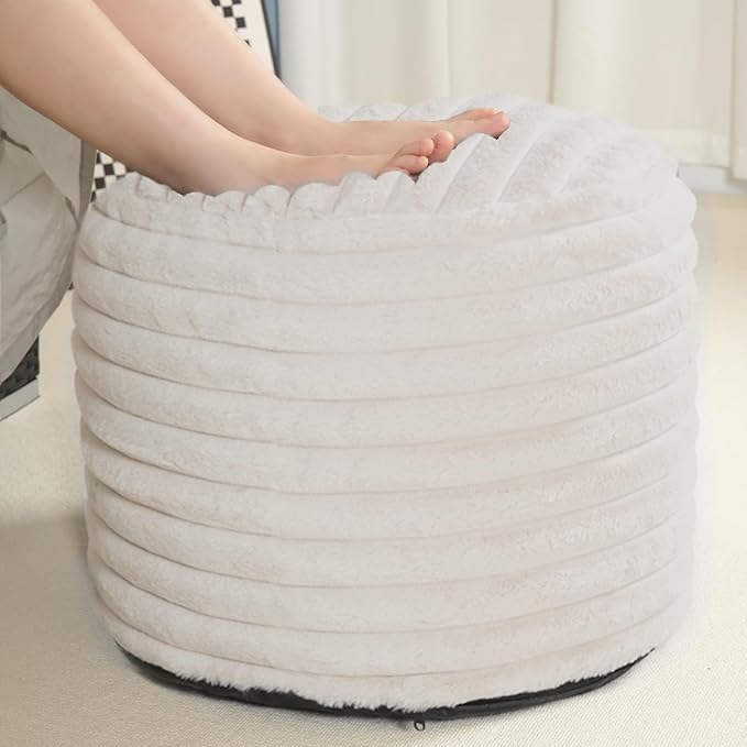 Pouf Ottoman Stuffed Round for Foot Rest, Faux Fur Poufs with Foam Chunk Filling, Storage Ottoman Pouf Foot Stool Cushion, 20 X 15 Inch Floor Chair for Living Room Bedroom Home Decor, Beige