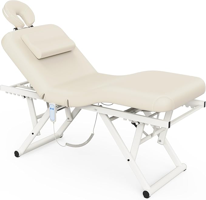 pouseayar Adjustable Massage Table with Face Pillow & Headrest, Sturdy and Solid, Silent and Easy to Adjust - Adjustable Backrest, Electric Leg Lifting, Beige Gray