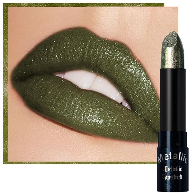 Kaely Dark Green Glitter Metallic Lipstick, Shimmer Metallic Lipsticks for Women, High Pigmented Lip Gloss Long Lasting Waterproof Smudge Proof 24 Hour, Halloween Makeup, Vegan & Cruelty-Free, 15