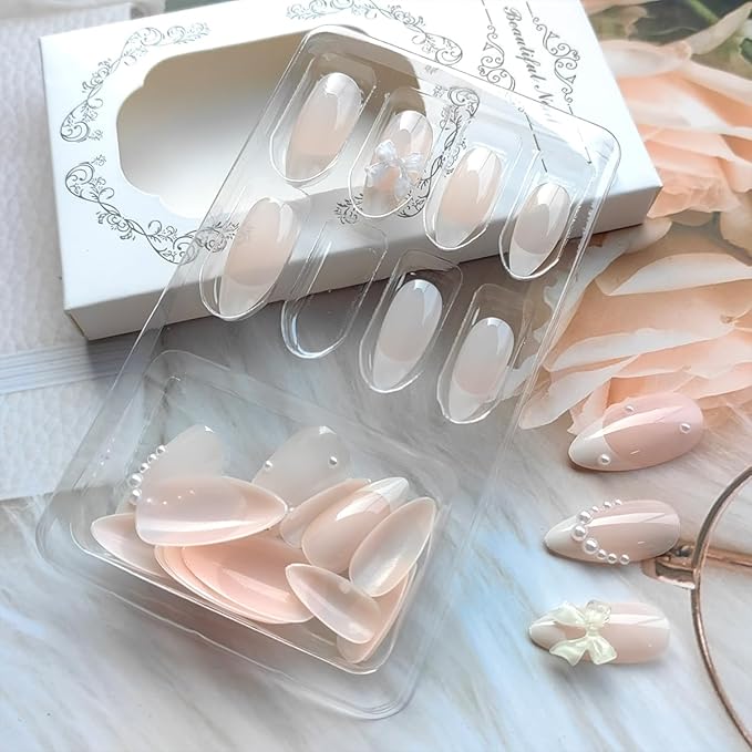 24Pcs French Tip Press on Nails Long Almond Fake Nails Pearls Nails Tip Design Cute False Nails Full Cover Glossy Stick on Nails Bow Charm Acrylic Nails French Artificial Nails for Women Girl Manicure