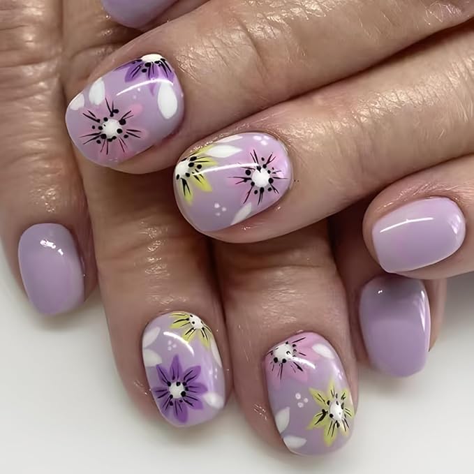 Spring Flower Press on Nails Short Square Fake Nails Gradient Purple Nails Press ons with Ombre Flowers Designs Cute Acrylic Nail Kit Spring Summer Nail Designs Floral Glue on Nails for Women 24Pcs
