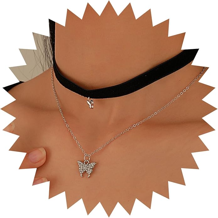 Vintage Black Choker Necklace Chain Goth Leather Choker Butterfly Pendant Necklace Velvet Choker Punk Necklace Rock Statement Butterfly Necklace Charm Jewelry Gift for Women and Girls