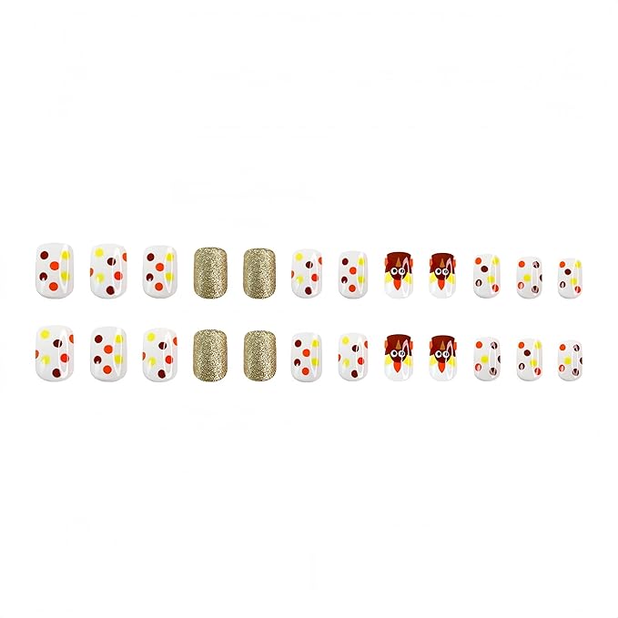 24Pcs Fall Thanksgiving Day Turkey Press on Nails Short Square Fake Nails Gold Glitter Full Cover Artificial Thanksgiving Nails Autumn Polka Dots Design Glue on Nail Glossy Acrylic Nails for Women