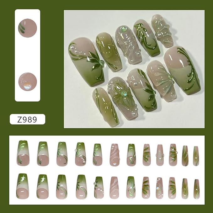 24Pcs Green Press on Nails Medium Square Fake Nails with Vine Gradient French Pearl Design Nude False Nail Full Cover Artificial Nails Cute Stick on Nail Pearl Nail for Women DIY Manicure