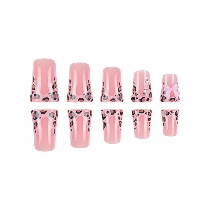 BABALAL Duck Nails Press on Pink Fake Nails Cheetah Glue on Nails with Bow Charm False Nails 24Pcs Duck Bill Full Cover Nails Handmade Artificial Nails for Women Girls Reusable Nails