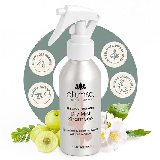 Ahimsa Dry Shampoo Mist Spray 120ml - Non-Aerosol Post-Workout Dry Shampoo Spray for Women Natural No White Residue, Volumizing Refreshing Hair Care, Effectively Absorbs Oil and Sweat, Jasmine Aroma
