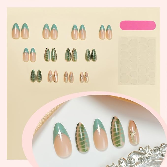24Pcs Star Press on Nails Medium Almond Fake Nails with Green Turtle Pattern French Tip False Nails Glossy Artificial Nails Full Cover Artificial Glue on Nails Cute Stick on Nails for Women Manicure