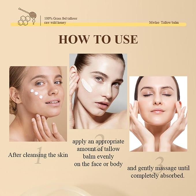 Whipped Beef Tallow and Honey Balm, Grass Fed Grass Finished Face Cream for All Skin Types - Grass-Fed Beef Tallow & Raw Wild Honey Blend - All-Natural Moisturizer for Face & Body, 2 OZ