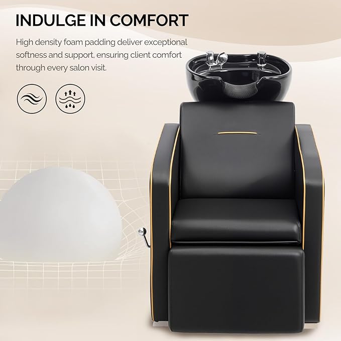 OmySalon Backwash Shampoo Unit for Salon, Hair Washing Station with Ceramic Bowl Adjustable Footrest, Reclining Shampoo Chair for Beauty Spa Barbershop
