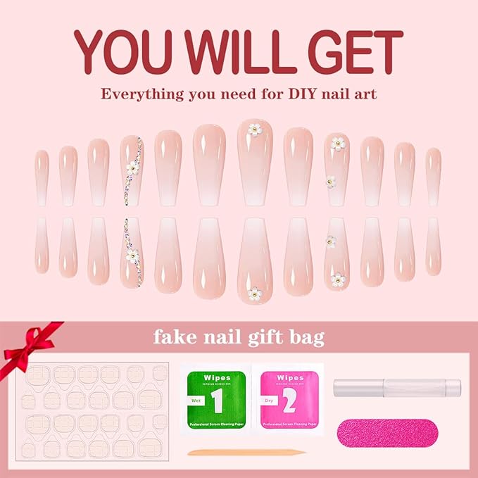 Yivaiks Pink Press on Nails with Charms Long Fake Nails with Designs Glue on Nails Press ons Rhinestones Coffin Artificial Nails for Women Nude Nails False Nail Kit 24pcs