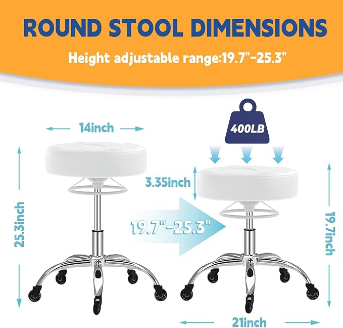 YEEZEE Rolling Stool Heavy Duty 400lb: Super Soft Seat Cushion,360° Swive,Height Adjustability,No Squeaky Noises,No Tip Over,New Upgraded Salon Stool Chair, Tattoo Facial Massage Spa Medical