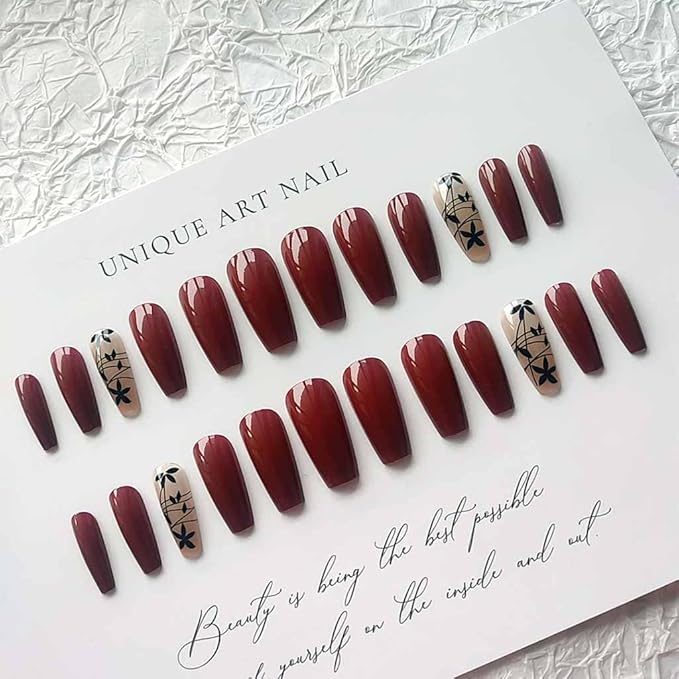 RikView Long Press Acrylic Nails - Red Coffin Fake Nails with Fall Design, Full Cover, 24 PCS/Set