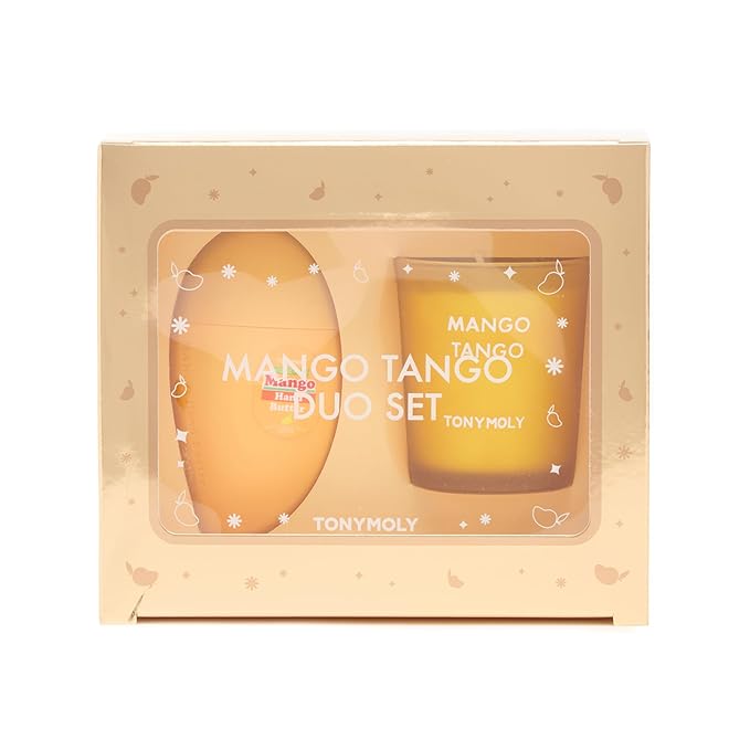 TONYMOLY Mango Tango Duo Gift Set – Nourishing Mango Hand Butter with Shea Butter & Oils + Mango Scented Candle, Hydrating & Soothing Holiday Gift for Soft Hands 2pc Gift Wrapped Set