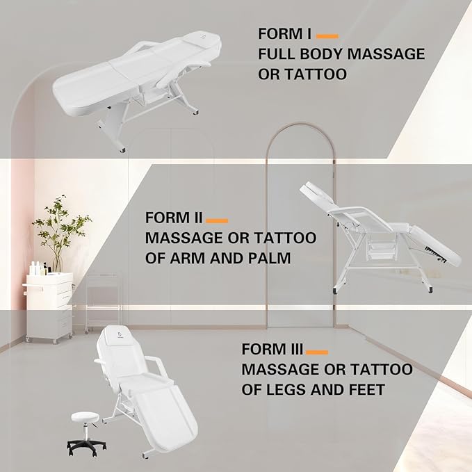 Facial Chair, Tattoo Chair Massage Bed with Hydraulic Stool for Professional Massage Facial Lash Beauty Spa, White