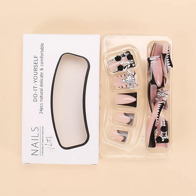 Acrylic Press on Nails Duck Shape Fake Nails Pink and Black Edge Design Glue on Nails with Crystal Crown Cross Embellishments French Tip Artificial Nails for Women Girls, 24 Pcs