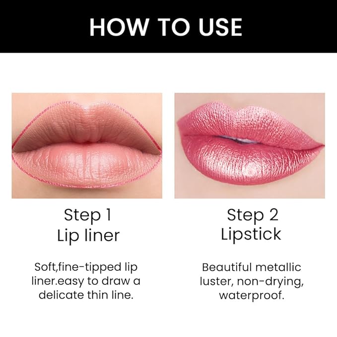 2-in-1 Pink Lip Liner & Lipstick Set Kit for Women, Metallic Lips Kit with Lip Liner Lip Stains Long Lasting Waterproof 24 Hour Lipstick and Lip Liners Combo Lipliners Pencil Set 20