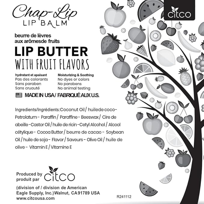 CHAP-LIP Original Lip Balm Hydrating Bulk Chap Stick with Fruit Flavors, Coconut Oil, Cocoa Butter - Christmas Gift Stocking Stuffers Lip Therapy Pack for Men and Women - Made in USA, 60 Pack x 12 Box