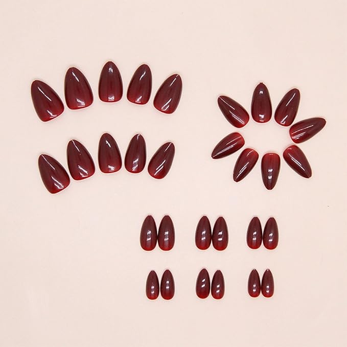 Wine Red Press on Nails Solid Color Fake Nails Short Almond Glossy Full Cover Acrylic Glue on Nails Art Design Reusable Artificial Stick on Nails for Women Girls 30 Pcs