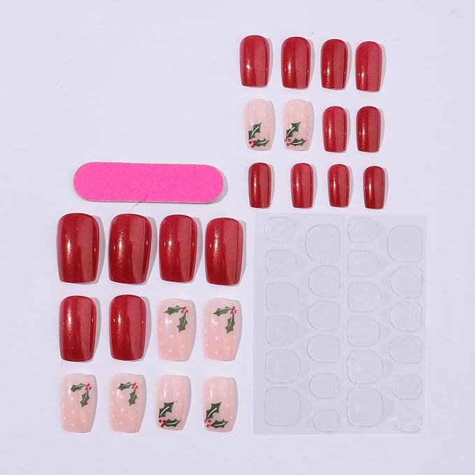 24Pcs Christmas Press on Nails Short Square Fake Nails with Holly Designs Red Xmas False Nails Winter Snow Acrylic Nail Full Cover Stick on Nails for Women DIY Christmas Manicure Decoration