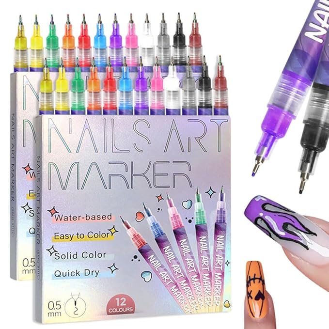 Drkicsy 12 Colors Nail Art Pens Set, DIY Nail Art Markers for Kids and Adults, 0.5mm Fine Tip Nail Polish Pens for Graffiti Dotting Drawing Painting Point Liner (2 Sets)