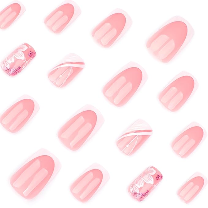 White French Tip Press on Nails Square Medium Fake Nails Flowers False Nails Pink Glossy Full Cover Acrylic Nail Floral Artificial Stick on Nail for Women Manicure DIY