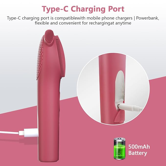Silicone Face Scrubber, Waterproof Rechargeable Facial Cleansing Brush, 5 Cleansing Modes with Nose Brush for Women & Men Electric Facial Tool for Deep Cleaning Exfoliating, Massaging Berry