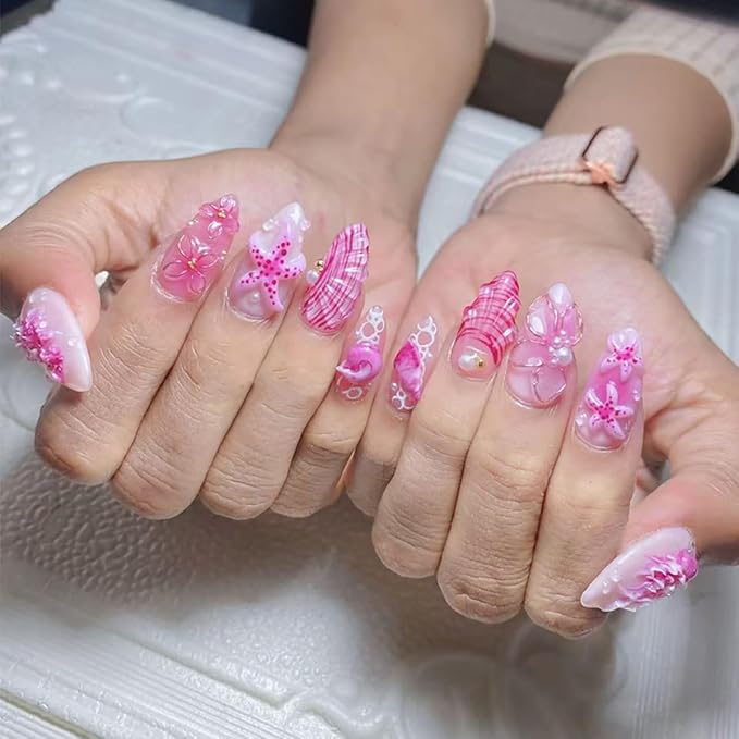 30Pcs Pink Flower Press on Nails Medium Almond French Tip Fake Nails Summer Shell Starfish with Gold Bead Peal Design Pink Summer Full Cover Glue on Nails Beach False Nails for Women Acrylic Manicure
