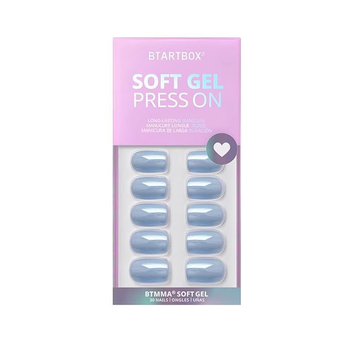 BTArtbox Press On Nails Short - Square Press On Nail, Blue Glossy Nail Tips Glue On Nails with Nail Glue, Reusable Stick On Nails in 15 Sizes - 30 Soft Gel Fake Nails Kit, Ocean Glazed