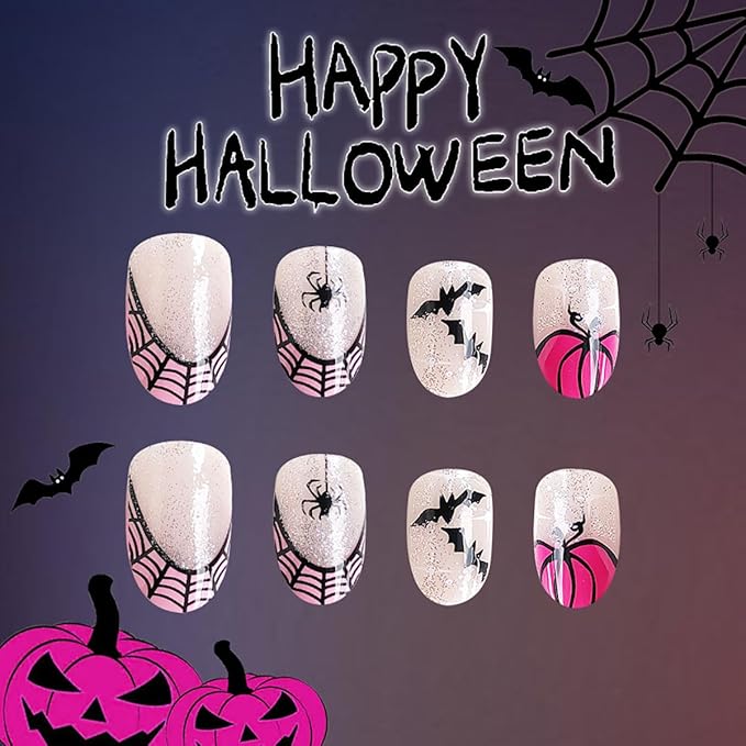 Short Almond Press on Nails Halloween Fake Nails French Tips False Nails Black Spider Bat White Glitter Pumpkin Design Spider Web Full Cover Stick on Nails for Women Decoration Holiday Nail