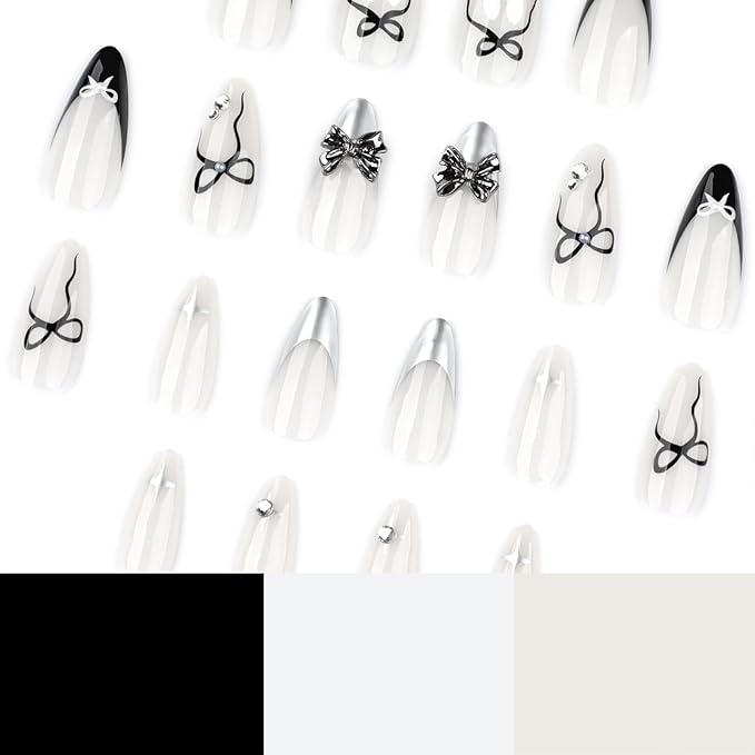 Cute Bunny Press On Nails almond,24pcs Medium False Nails with Black & White Bow Design, 3D Metallic Bow and Rhinestone Fake Nails, Cartoon Acrylic Stick On Nails Kit for Women Girls