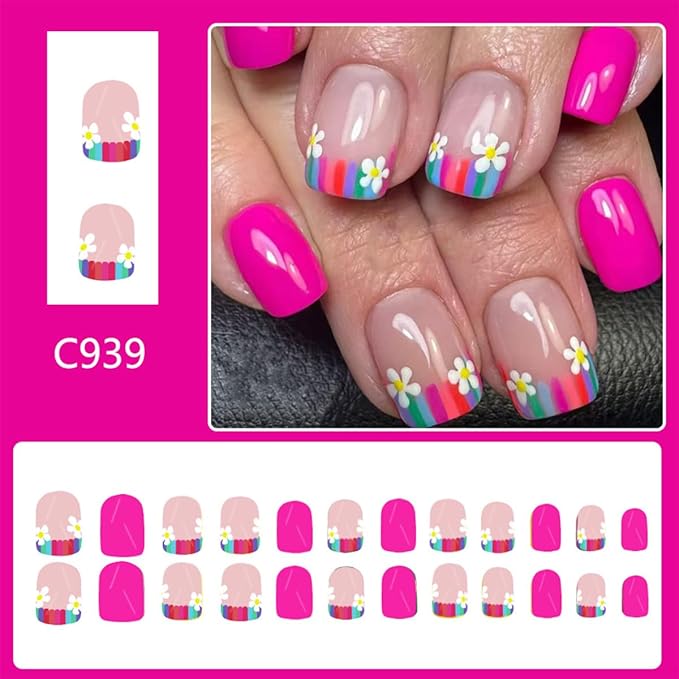 Flower Press on Nails Short Square Fake Nails Pink False Nails Floral Glossy Full Cover Acrylic Nail Spring Glue on Nail Artificial Cute Stick on Nails for Women Manicure 24Pcs