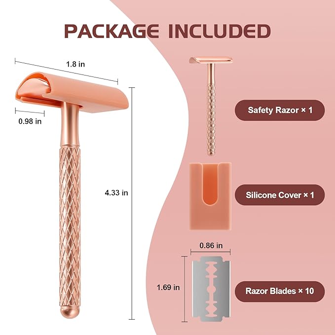 Double Edge Safety Razor for Women with Silicone Cover & 10 Blades for Travel Metal Eco-Friendly Reusable Single Blade Razor for Shaving (Rose Gold)
