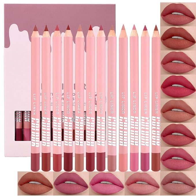 12 Pcs Natural Nude Brown Beige Colors Lip Liner Lipstick Pencils Set for Daily Makeup,Easy to Apply & Remove,Waterproof