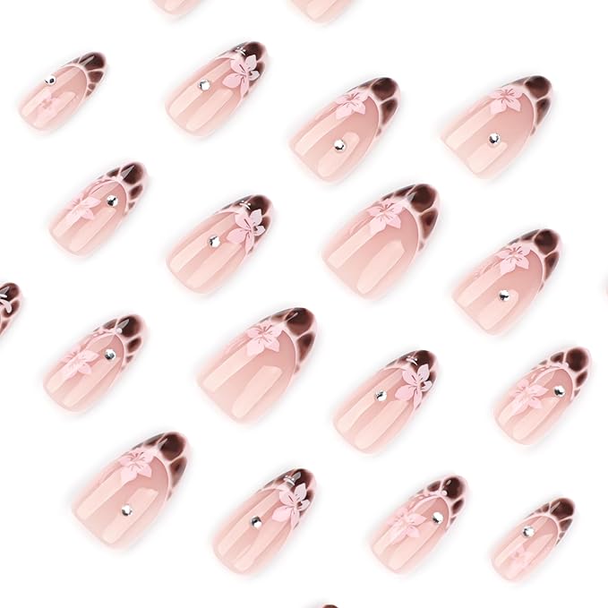 French Press On Nails Almond medium, Nude Pink Fake Nails with Floral & Brown Gradient French Tip Detail, Rhinestone Accent, Glossy Gel Finish Acrylic Nails Reusable Glue On Nails for Women