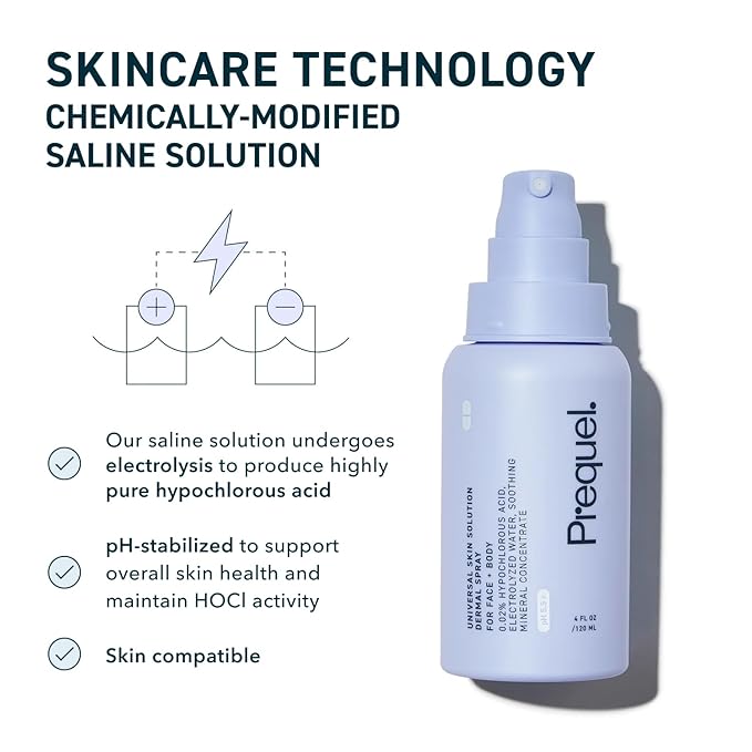 Prequel Skin Universal Skin Solution Hypochlorous Acid Spray for Face and Body. Fine Mist HOCL Facial Cleanser and Dermal Spray with Minerals & Electrolyzed Water - pH-Stabilized Care. 4oz