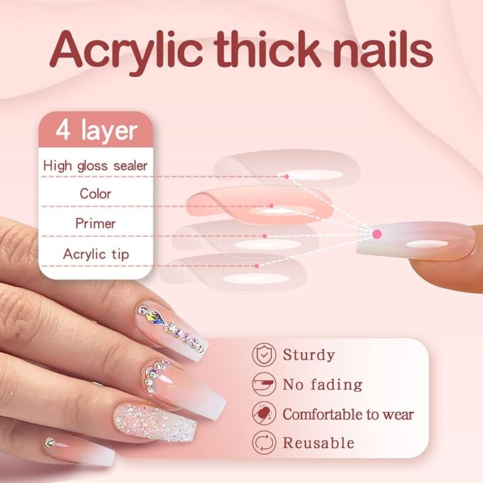 Yivaiks 24pcs glitter Press on Nails Medium Coffin Fake Nails with Glue on Nails for Women Luxurious 3D Crystal Gem Design Ballerina Pink Acrylic Nails (GD-002)