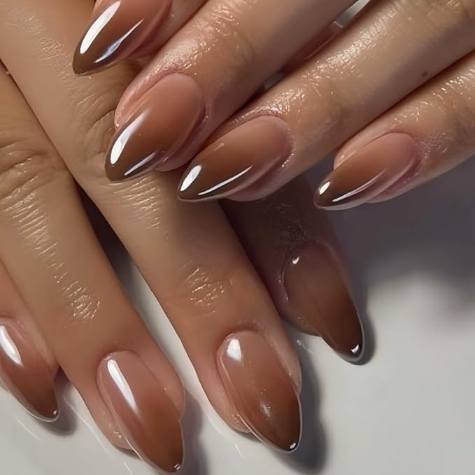 KQueenest Press On Nails Almond - Ombre Brown Press On Nails Medium Length, French Dark Fake Nails with Nail Glue, Reusable Soft Gel Gradient Nude Brown Glue On Nails for Women Decoration, 24 Pcs