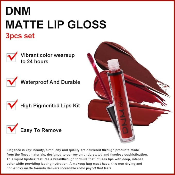 evpct 3Pcs Dark Deep Ruby Light Rose red Brown red Matte Liquid Lipstick Sets for Women 24-hour Matte+Lipstick Lipsticks Lip Stain Gloss Long Lasting 24 Smudge Waterproof