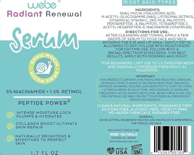 WEBE Naturals Snail Mucin Retinol 1.5% Radiant Renewal Serum | Niacinamide 5%, Vitamin C, Peptide Booster, Hyaluronic Acid & Zinc PCA | Anti-Aging Plumping Intense Moisture Lock, Glowing Smooth Skin