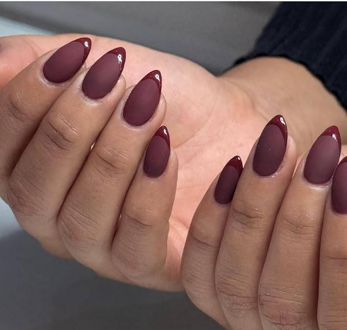 Burgundy Red French Tip Press on Nails Short Almond Nails Press ons, Short Fake Nails with Matte Finish, Dark Maroon French Glue on Nail False Nail for Women Fall Winter, in 32 Pcs 16 Sizes