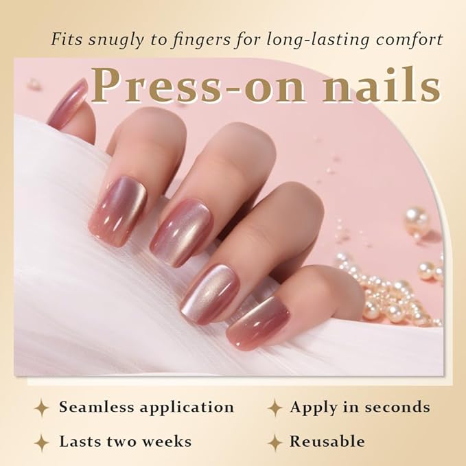 Cat Eye Pink Press On Nails Short Medium Square, Designer Reusable Acrylic Fake Nails with Glue, Glossy Soft Gel Nails Wedding and Party, Stick On Glue On Nails, Nails Press Ons for Women