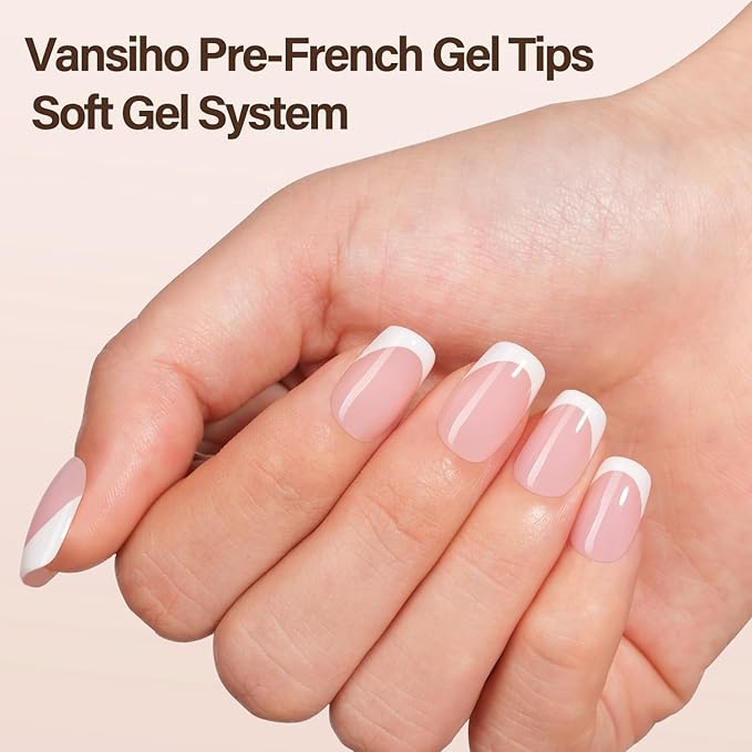 150Pcs French Gel Nails, Vansiho French Tip Press on Nails, Short Square Nail Tips Pink, Soft Gel Nails False Nail, Acrylic Fake Nails for Nail Art DIY 15 Sizes