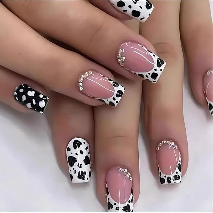 24Pcs Cow Press on Nails Short Square French Tip Fake Nails with Glitter Rhinestones Design Black White False Nails Full Cover Glue on Nails Glossy Leopard Cute Stick on Nails for Women DIY Acrylic