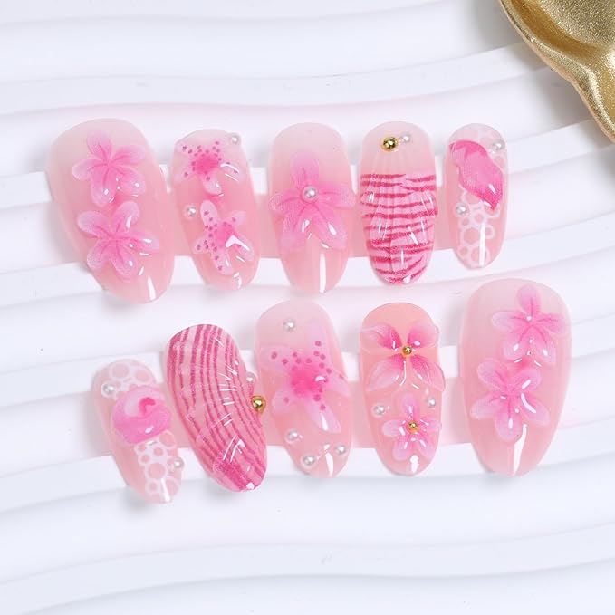 30Pcs Pink Flower Press on Nails Medium Almond French Tip Fake Nails Summer Shell Starfish with Gold Bead Peal Design Pink Summer Full Cover Glue on Nails Beach False Nails for Women Acrylic Manicure