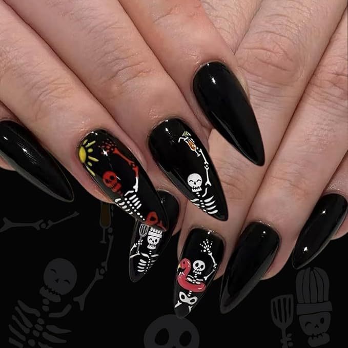 48Pcs Halloween Press on Nails Medium Almond Fake Nails Cute Ghost Skull False Nails wuth Designs Pumpkin Spider Webs Skeleton Glue on Nail Glossy Purple Glitter Acrylic Nail for Women Girls