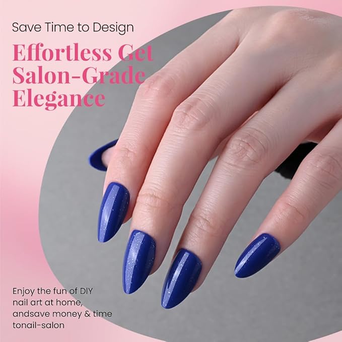 evpct Press on Nails Almond Short, Royal Blue Glitter Shimmer Shiny Short Almond Fake Nails for Women Gift, Soft Gel Press Glue On Nails with Nail Glue, 30Pcs Reusable Acrylic Fake Nail Manicure Kit
