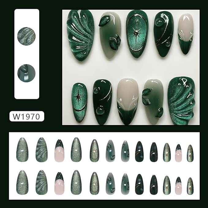 24Pcs Green Press on nails Medium Almond Glitter Fake Nails 3D Leaves Star Rhinestones Designs Full Cover Ombre Stick on Nails French Tip False Nails for Women Girls Acrylic Nail Decorations DIY