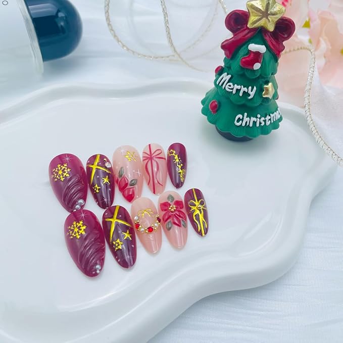 30Pcs Red Christmas Press on Nails Medium Almond Christmas Fake Nails 3D Gold Rhinestones Snowflake Designs Bow Flower Xmas Acrylic Stick on Nails Winter Full Cover Artificial Glue on Nail for Women