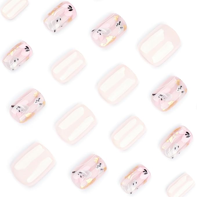 Flowers Press on Nails Square Short Fake Nails with Designs Gold False Nails Nude Glossy Full Cover Acrylic Nails Spring Glue on Nail Cute Artificial Stick on Nail for Women Manicure DIY