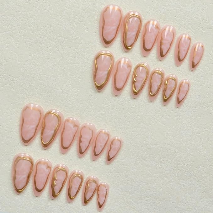Gold Press on Nails Long Almond Fake Nails with 3D Gold Line Designs Stick on Nails Pink False Nails Glossy Handmade Acrylic Glue On Nail for Women Nail Art Decoration 24Pcs